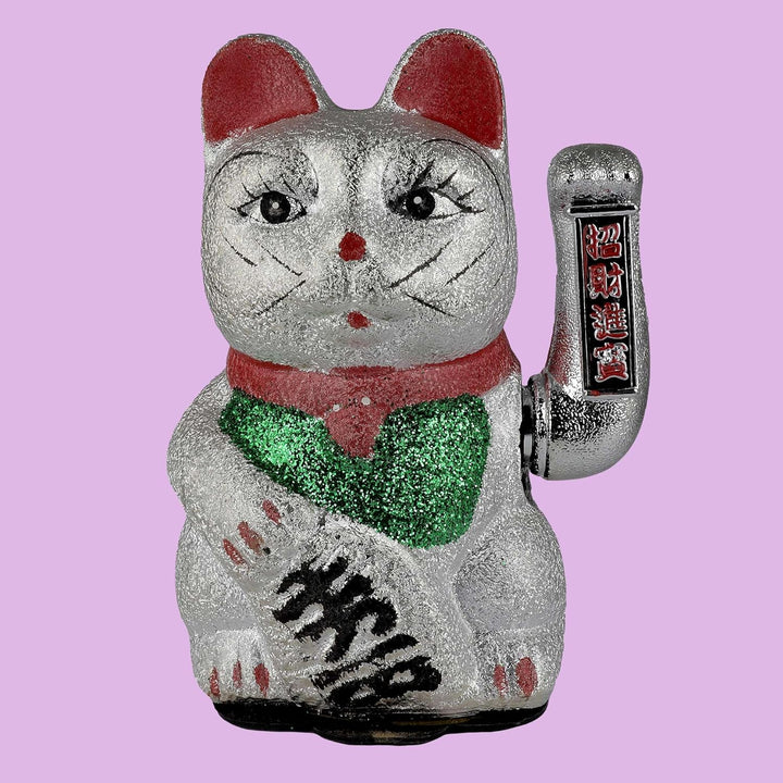 Freak Scene Glückskatze Maneki-Neko Winkekatze aus Keramik 20cm Silber winkende Katze Lucky cat