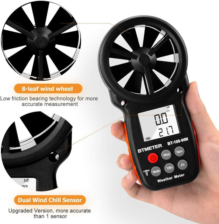 BTMETER BT-100WM Digitaler Anemometer Handheld Windmesser digital LCD Wind Speed Meter Gauge,Präzise