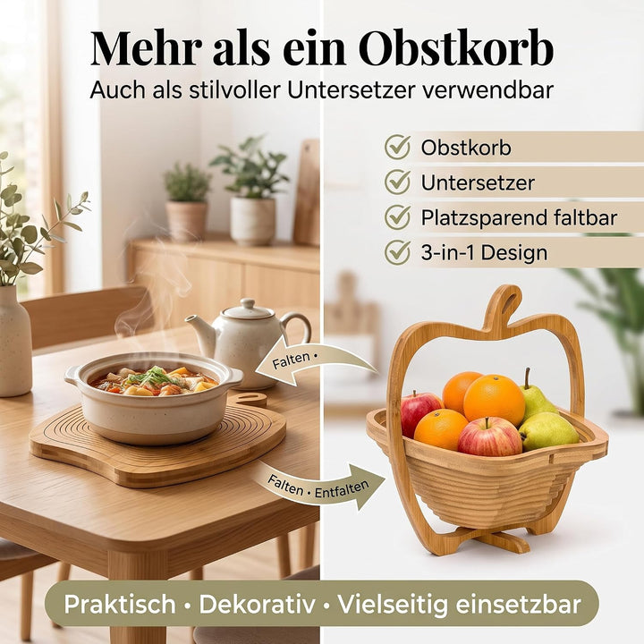 hausleben Obstkorb aus Bambus 3-in-1 Faltkorb – Obstschale, Gemüseschale &amp; Topfuntersetzer – Klappba