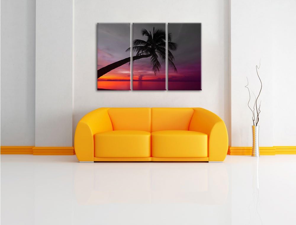 Pixxprint Palme am Meer mit Sonnenuntergang als Leinwandbild/Grösse: 3 Teilig (120x80) cm/Wandbild/K