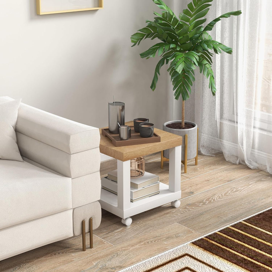 HOMCOM Beistelltisch, rollbar, moderner Couchtisch mit offenem Regal, für Wohnzimmer, Schlafzimmer o