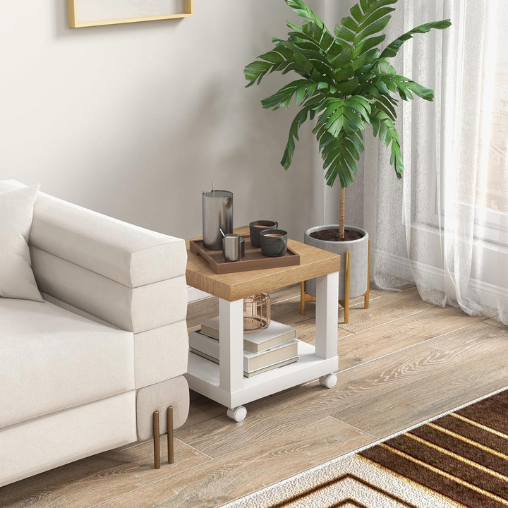 HOMCOM Beistelltisch, rollbar, moderner Couchtisch mit offenem Regal, für Wohnzimmer, Schlafzimmer o