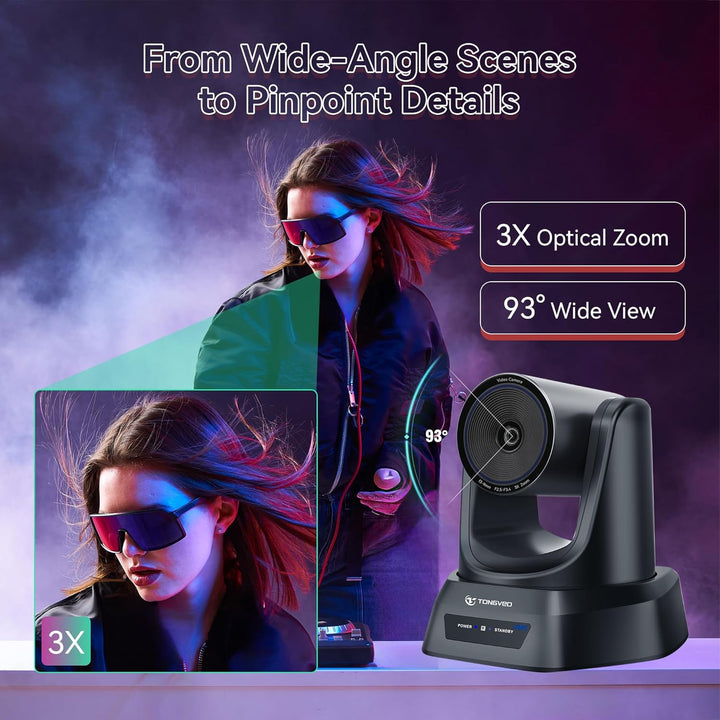 TONGVEO 4K PTZ-Konferenzkamera, KI-Auto-Tracking, 3X optischer Zoom, HDMI/USB 3.0, 93°-Weitwinkel fü
