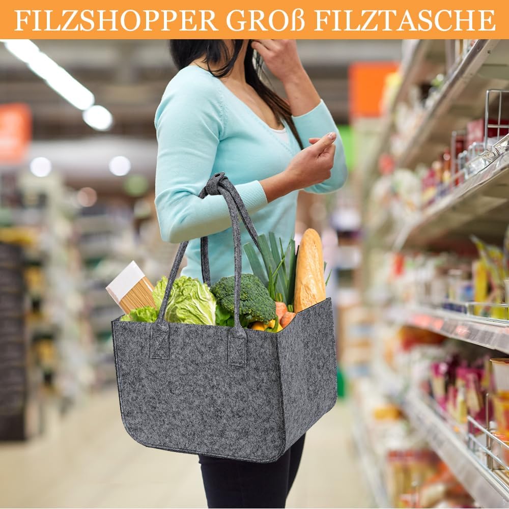 2 Stück 30L Filztasche Gross Einkaufstasche Faltbar,Tote Bag Filztaschen Shopper,Filzkorb mit Lange
