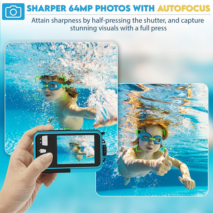 64MP Unterwasserkamera mit 64GB Speicherkarte, 4K unterwasser kamera mit Autofokus & Dual-Selfie-Bil