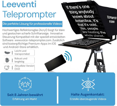 Leeventi Teleprompter 4.0 I Kompatibel mit iPhone, iPad, Android Smartphones, Foto- oder Videokamera