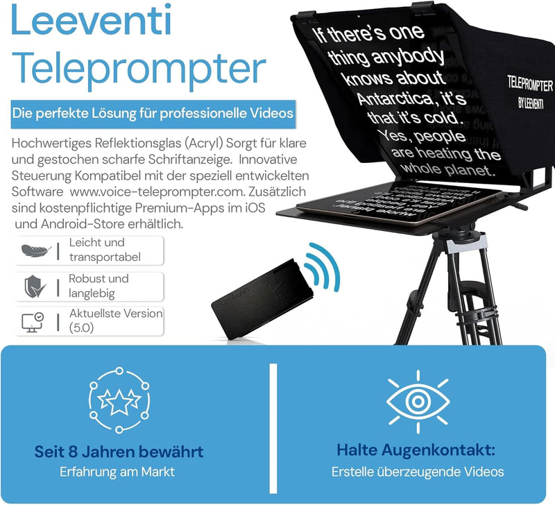 Leeventi Teleprompter 4.0 I Kompatibel mit iPhone, iPad, Android Smartphones, Foto- oder Videokamera