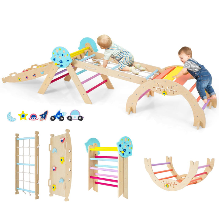 COSTWAY Klettergerüst Indoor 4er Set, klappabres Kletterdreieck mit Rutsche, Kletterbogen, Netz, ink