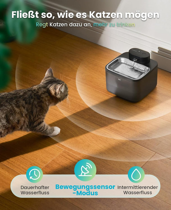 Oneisall 2.2L Kabelloser Katzenbrunnen Edelstahl mit Bewegungsmelder Katze | 4000mAh Akku 45 Tage La
