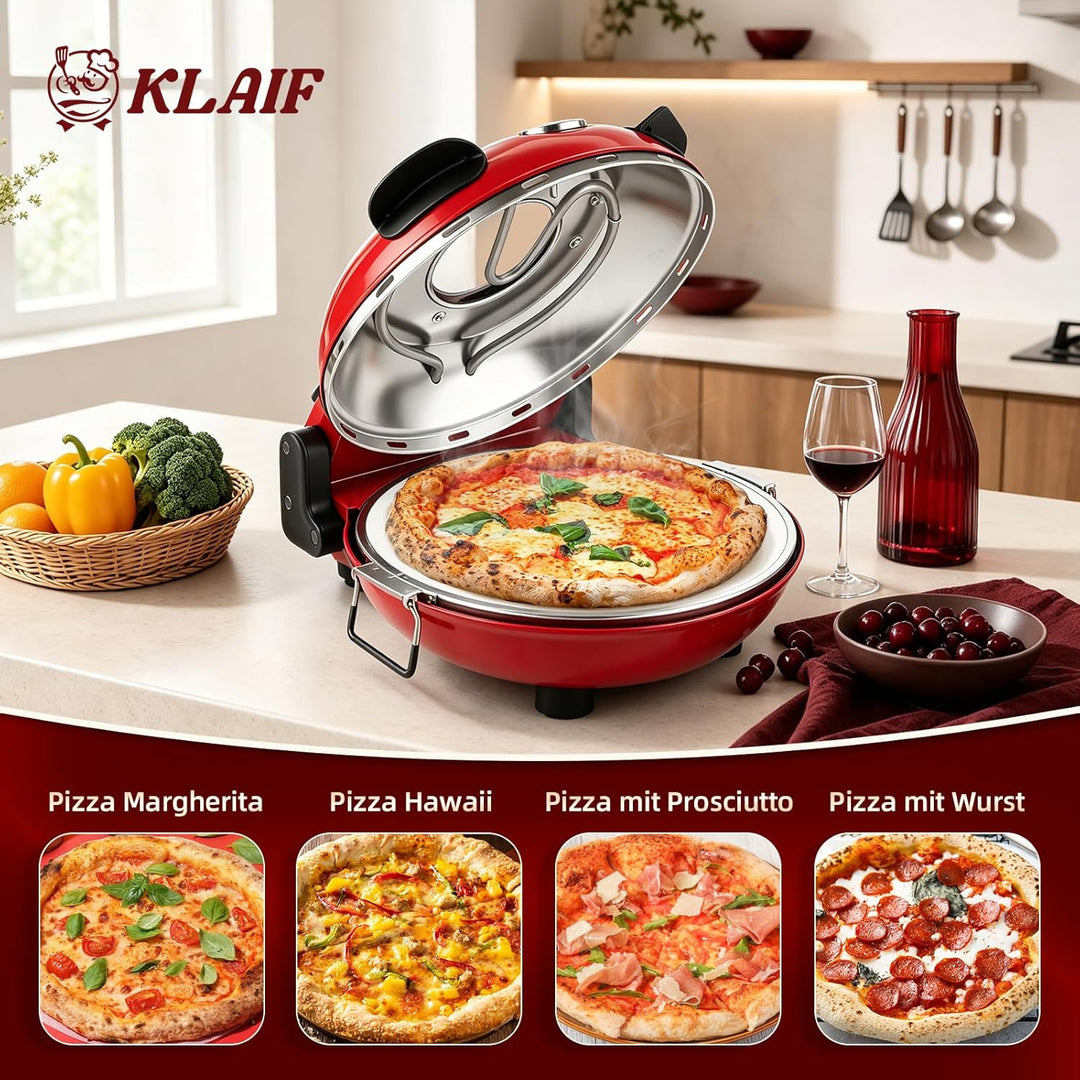 Klaif Elektrischer Pizzabäcker, 420 ℃, 1200 Watt, 5 separate Temperaturstufen, flammenbeständige Ste