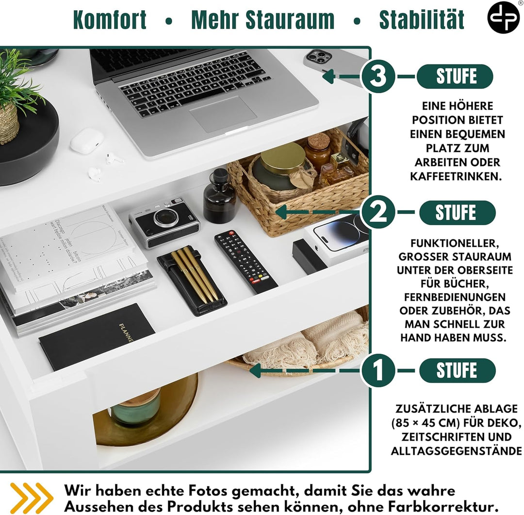 defiPad Couchtisch Weiss Höhenverstellbar mit Stauraum, Wohnzimmertisch mit hochziehbarer Tischplatt