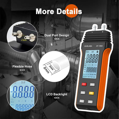SURLABA Digitales Manometer, Differenzdruckmessgerät Messbereich 6PSI, Gasdruckmessgerät mit 11 Einh