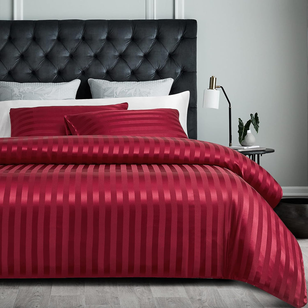 Damier Bettwäsche 135x200cm Rot Satin gestreift Bettbezug Set Seidig glänzend hochwertiges Satin Bet