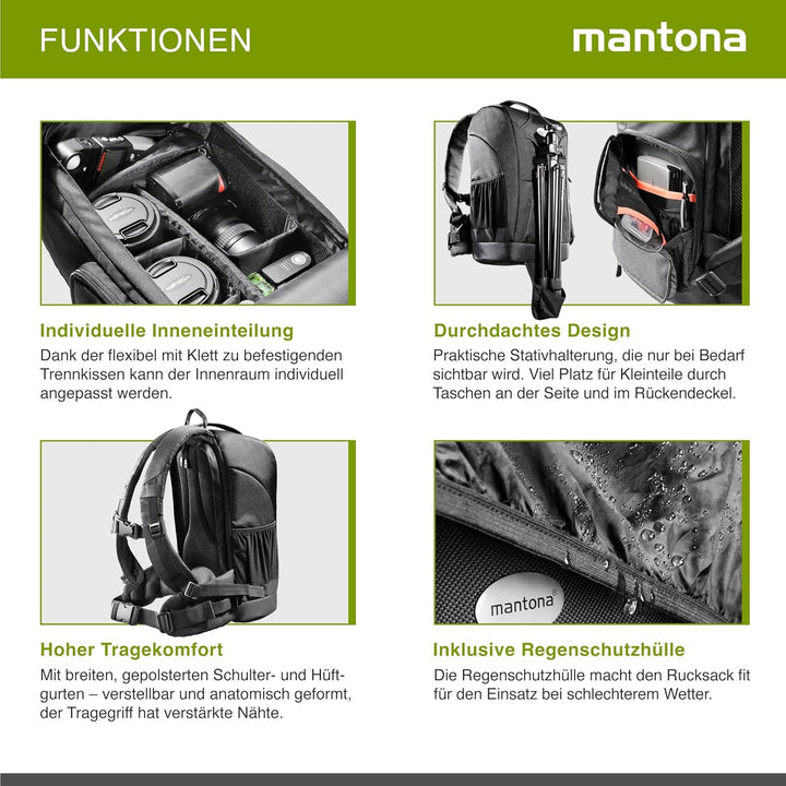 Mantona Trekking Fotorucksack – DSLR Kamerarucksack Kameratasche mit Regenschutz Schwarz Trekking Ru