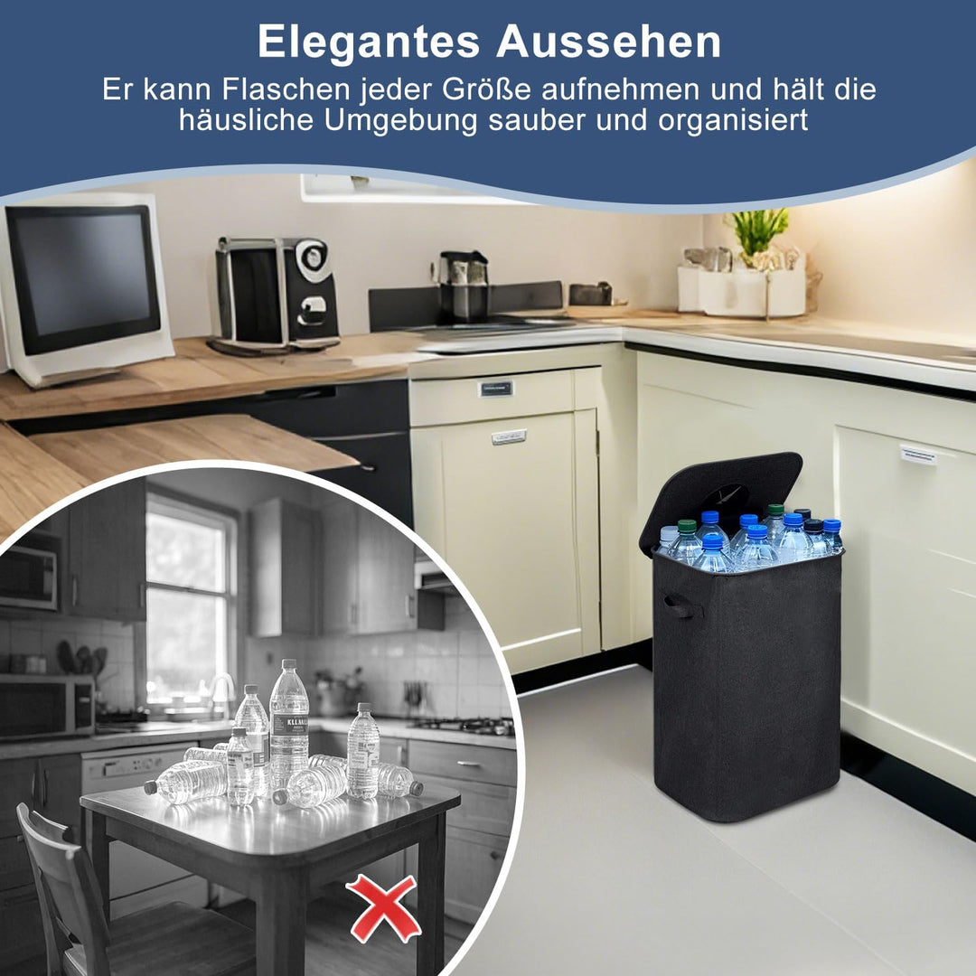 100L Schwarz 2X Pfandflaschen Sammelbehälter mit Deckel & 2X Tragetasche,Behälter Leergut & Altglas