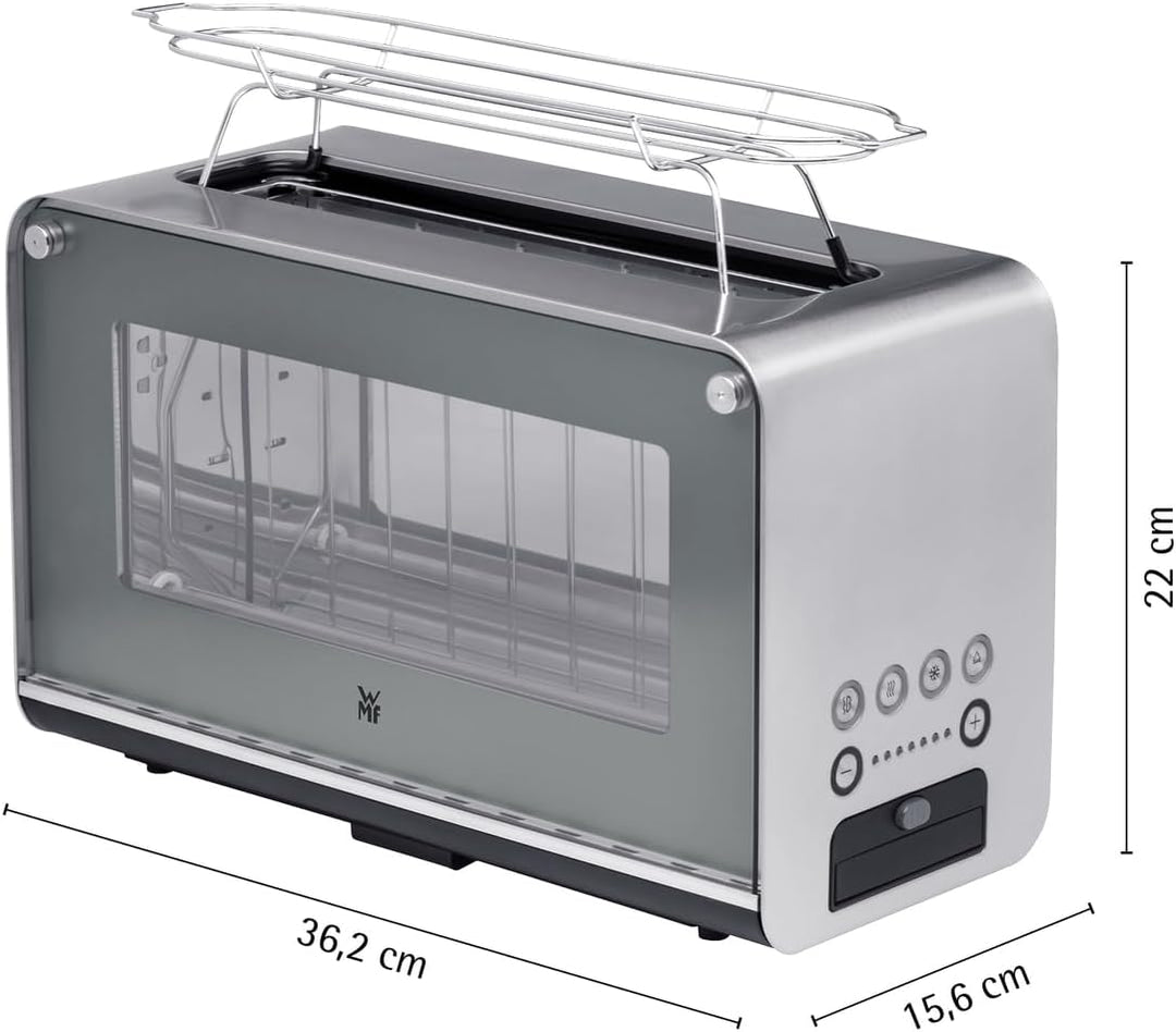 WMF Lono Toaster Glas mit Brötchenaufsatz, 2 Scheiben, XXL, motorisierte Toastaufnahme, Aufwärm-Funk
