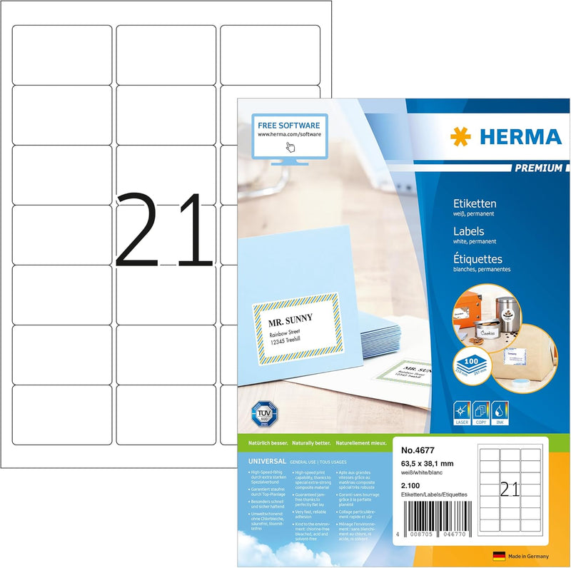 HERMA 4677 Adressetiketten, 100 Blatt, 63,5 x 38,1 mm, 21 Stück pro A4 Bogen, 2100 Aufkleber, selbst