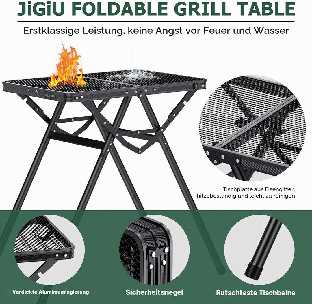 JiGiU Grilltisch 60x40cm Metallgitterplatte mit 3 Höhen &amp; Aluminium Rahmen | Klapptisch Schwarz mit