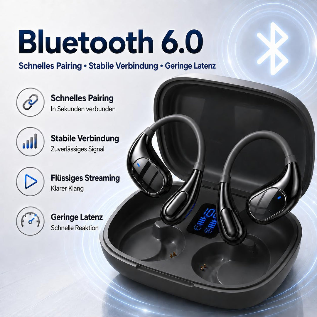 Bluetooth Kopfhörer 6.0 Kabellos, Sport Ohrhörer mit Ohrbügel, 50 Std. Spielzeit, LED Display Ladeca