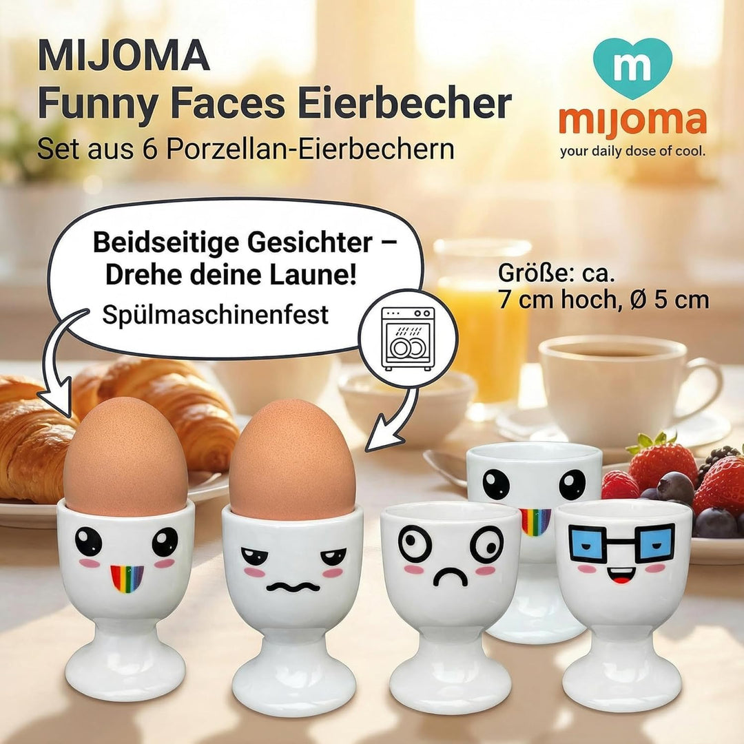 MIJOMA 6 Stück Set Eierbecher Eierhalter Eierständer weiss mit Gesichter Dekor #3, aus Porzellan je