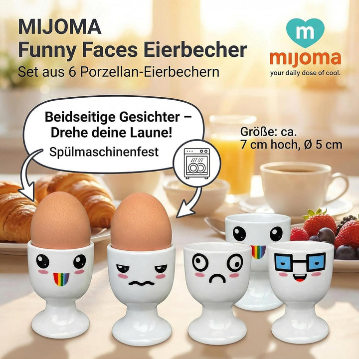 MIJOMA 6 Stück Set Eierbecher Eierhalter Eierständer weiss mit Gesichter Dekor #3, aus Porzellan je