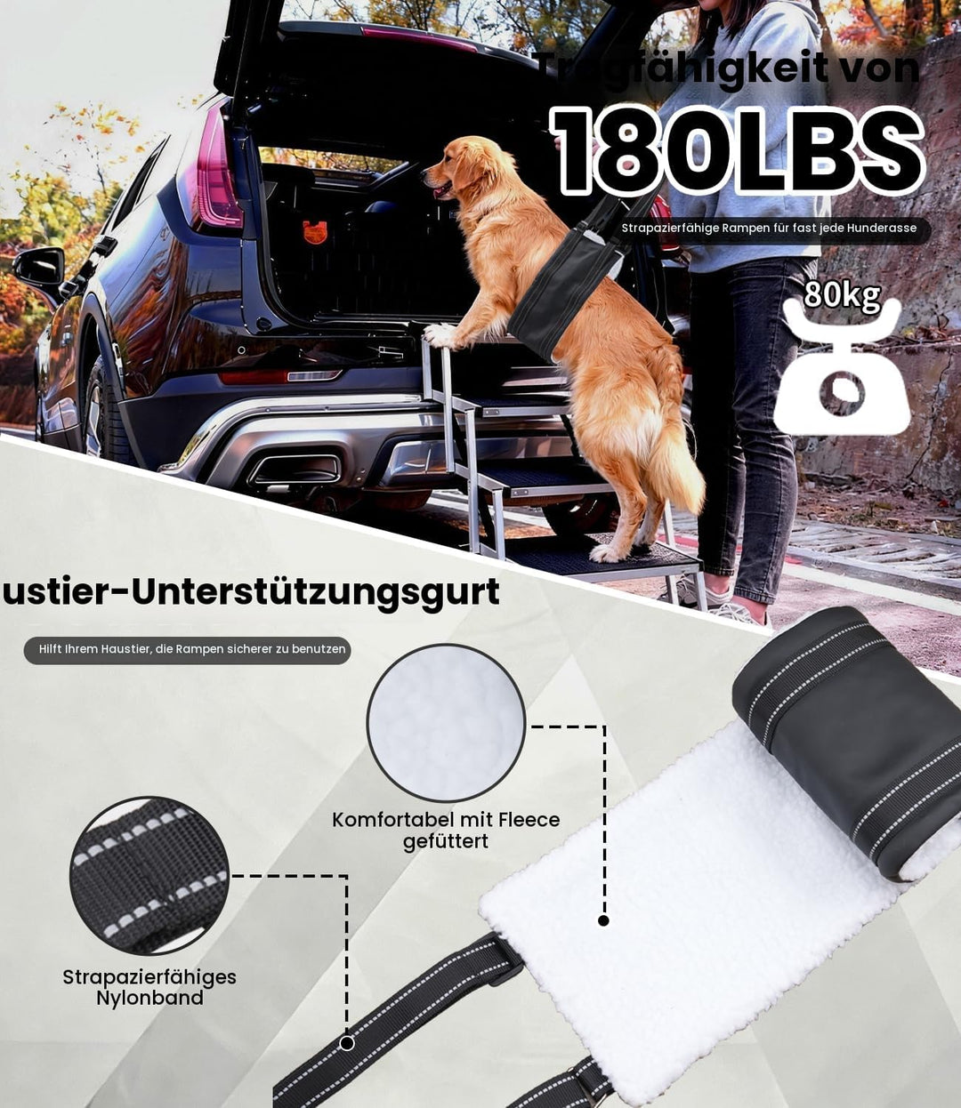 Hundetreppe Auto, Hunderampe Auto klappbar, Haustiertreppe, 5 Stufen Hundeleiter bis 80kg, Rampe Hun