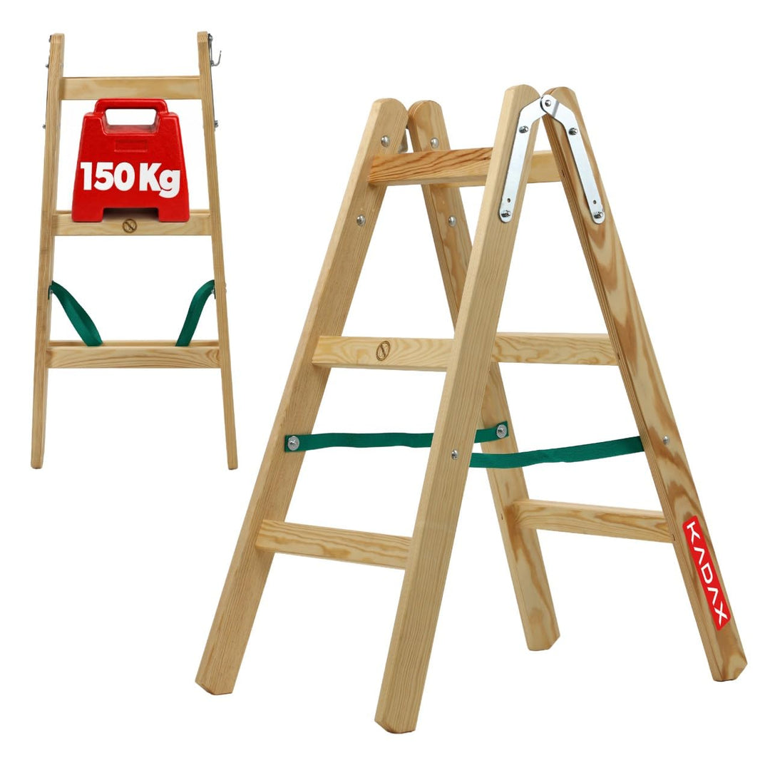 KADAX Holzleiter, Bockleiter bis 150 kg, klappbare Malerleiter, Doppelstufenleiter mit Stahlhaken, E