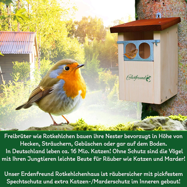 ERDENFREUND® Nistkasten Rotkehlchen mit Marder-/Katzenschutz räubersicher Nistkasten für Vögel Rotsc