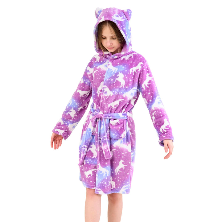 Katzen Bademantel für Mädchen Weiches Fleece Morgenmäntel mit Kapuze und Katzenohren Violettes Einho