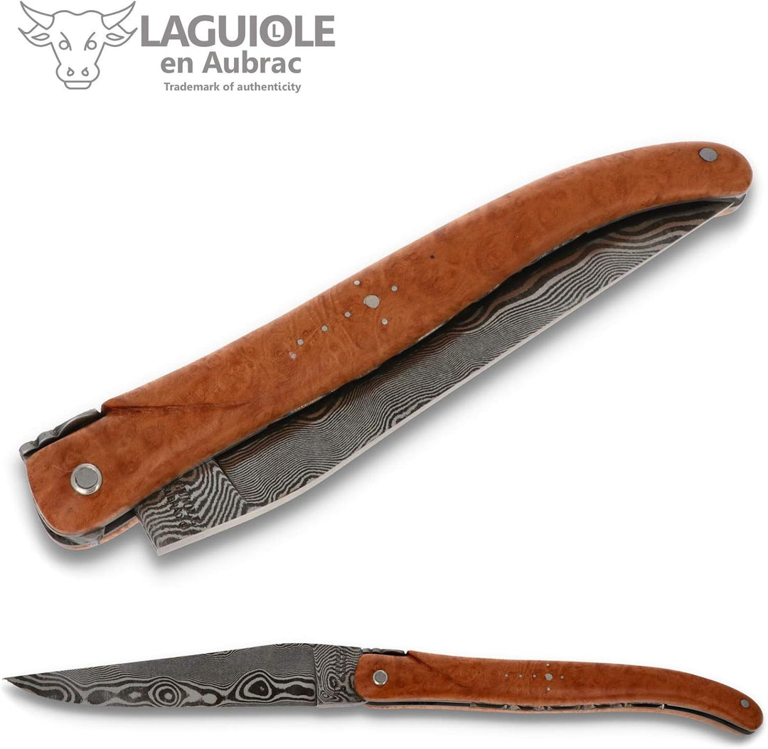 Laguiole en Aubrac Messer 12 cm - Griffschalen Bruyère plein manche - Zisellierte Platine - Damastkl
