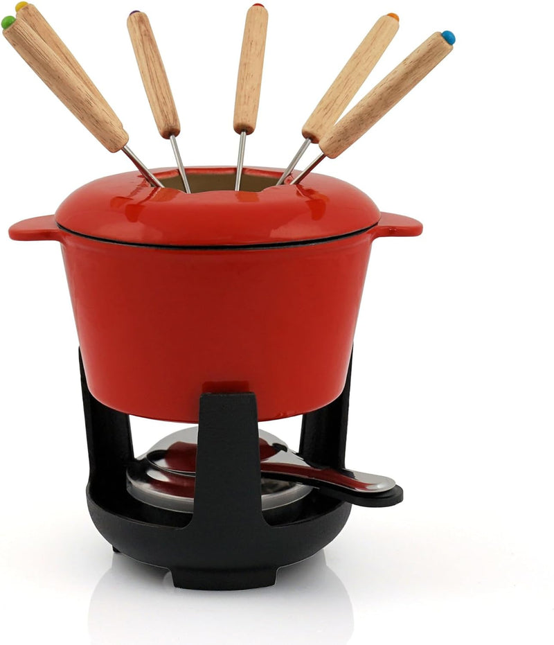 BBQ-Toro Gusseisen Fondue Set für 6 Personen | 1 Liter | Fondueset 13 teilig mit Brenner und Gabeln