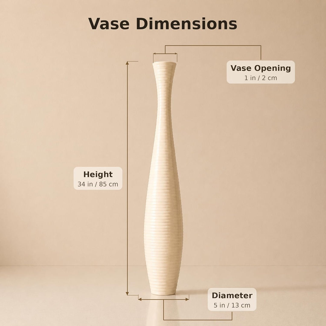 Leewadee Grosse Bodenvase für Dekozweige hohe Standvase Design Holzvase, Holz, 90 cm, Creme 90 cm Cr