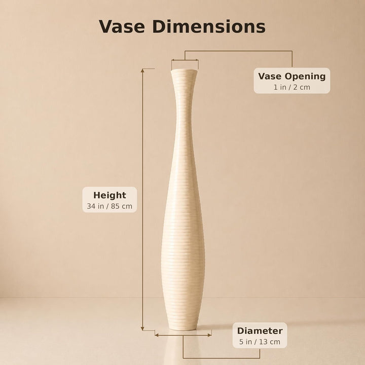 Leewadee Grosse Bodenvase für Dekozweige hohe Standvase Design Holzvase, Holz, 90 cm, Creme 90 cm Cr