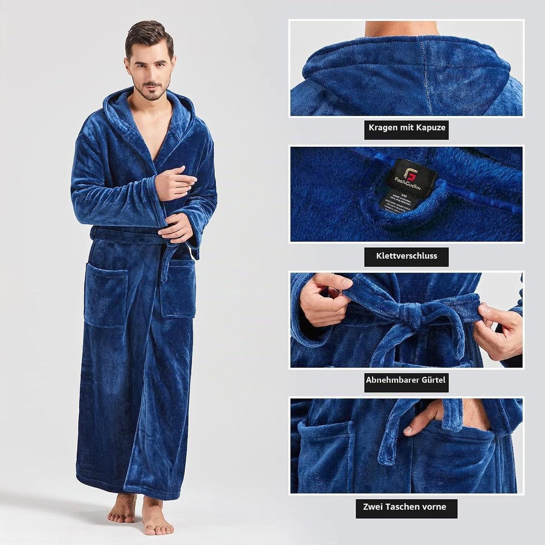 FashGudim Herren Kapuzenplüschbademantel in voller Länge. Flauschiger Bademantel für grosse und kräf