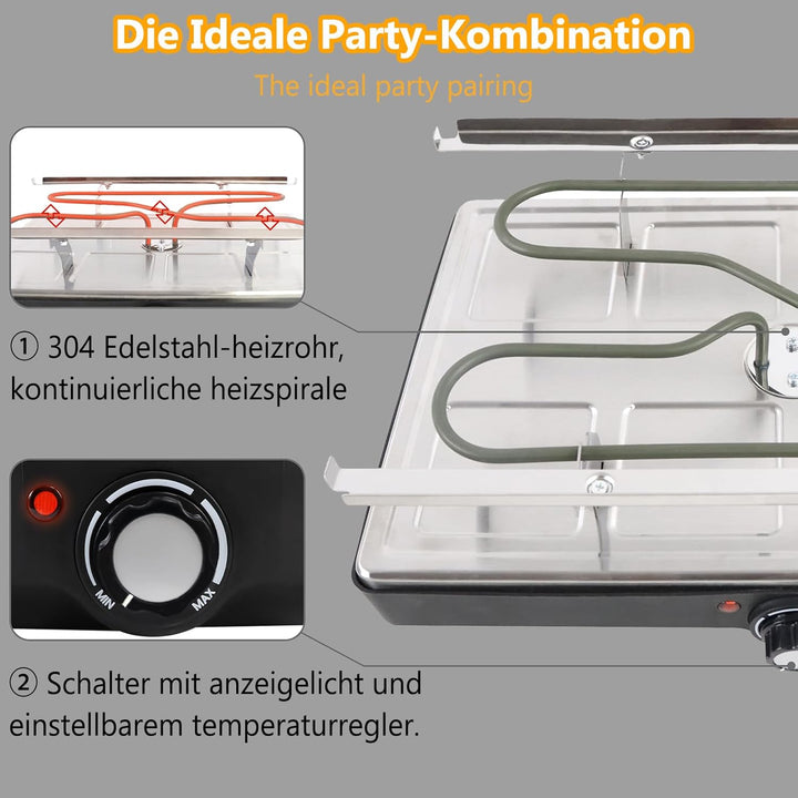 YARDIN Raclette Grill Grillplatte Tischgrill für 8 Personen, Steinplatte und Grillplatte Antihaftbes