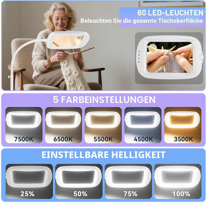 NZQXJXZ 10X Lupe mit Licht und Ständer, Flexible Schwenkarm Lupenleuchte mit 60 LED, 5 Farbmodus Dim