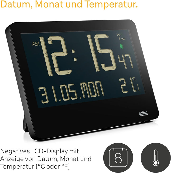Braun Digitale Wanduhr mit Innentemperatur, Datum, Wochentag, grossem umgekehrtem LCD-Display, Schne