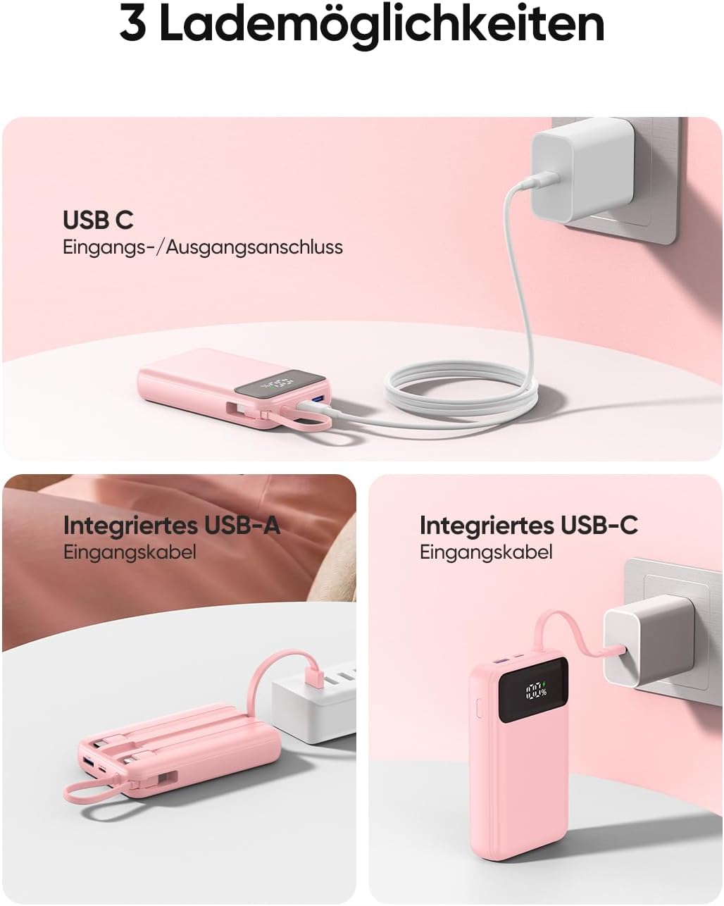 A ADDTOP 20000mAh Power Bank mit 4 integrierten Kabel, Ultra Klein 22.5W Schnellladen Powerbank, PD