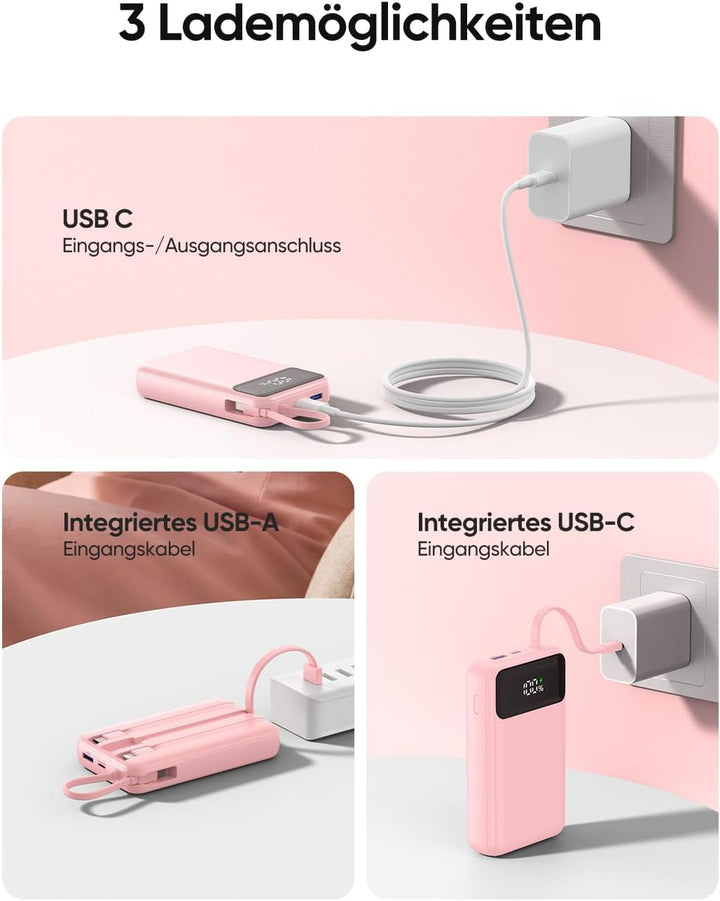 A ADDTOP 20000mAh Power Bank mit 4 integrierten Kabel, Ultra Klein 22.5W Schnellladen Powerbank, PD