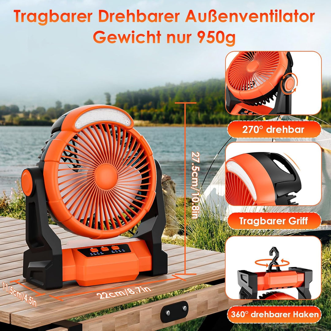 Dreamhigh® 15000mAh Akku Ventilator mit LED Lampe, Tragbarer Camping Ventilator, 3 Geschwindigkeiten