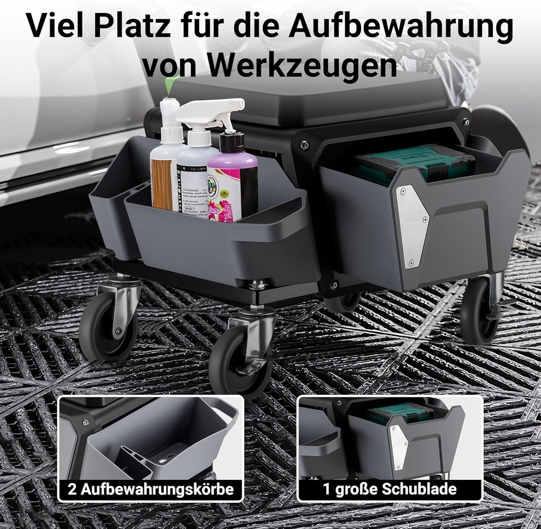 Wiltec Rollsitz 53 x 38 x 38 cm bis 120 kg, Werkstatthocker mit Rollen, Rollhocker mit Werkzeugablag