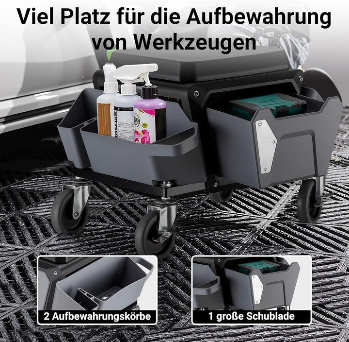 Wiltec Rollsitz 53 x 38 x 38 cm bis 120 kg, Werkstatthocker mit Rollen, Rollhocker mit Werkzeugablag