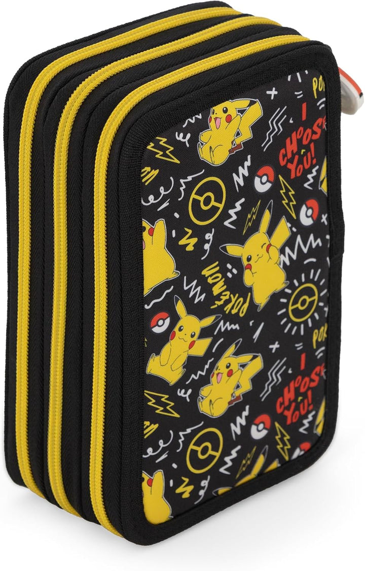 Pokémon Pikachu Federmappe Federtasche Qualitäts-Mäppchen 3-Fach gefüllt mit 42 Teilen Federmäppchen