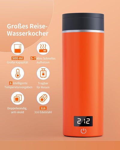 AIRMSEN Wasserkocher Klein mit 6 Temperatureinstellung, 500ml Mini Elektrischer Wasserkocher mit SUS