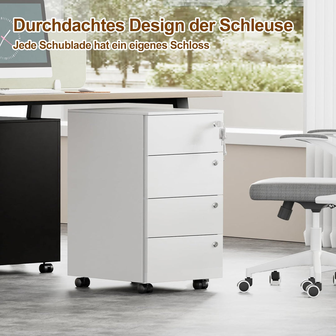 Rollcontainer, Mobiler Aktenschrank mit 4 Schlössern, 4 Schlüssel, 4 Schubladen, Rollcontainer Schre