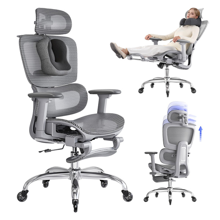 Ergonomischer Bürostuhl mit Fussstütze &amp; Nackenkissen, 5-Fach Höhenverstellbare Rückenlehne, 2D Lord