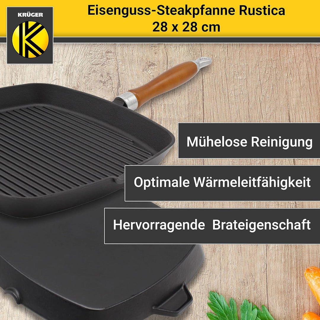 KRÜGER Gusseisen-Grillpfanne mit Holzgriff - 28 x 28 cm - emailliert - hohe Hitzebeständigkeit und l