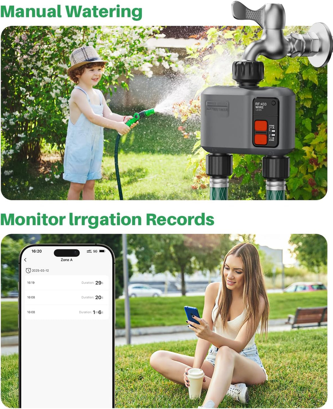 Bewässerungscomputer WLAN 2 Ausgänge mit 300M RF-Technologie, Bewässerungsuhr für Gartenbewässerung
