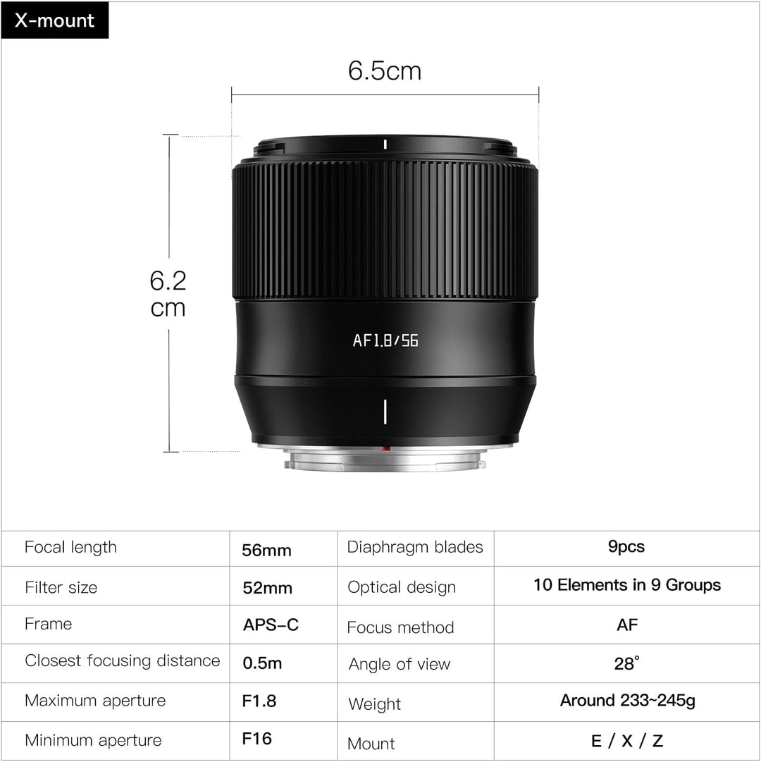 TTArtisan 56 mm F1.8 Autofokus AF Objektiv mit Metallgehäuse, kompatibel mit FujiFilm X Mount, Silbe