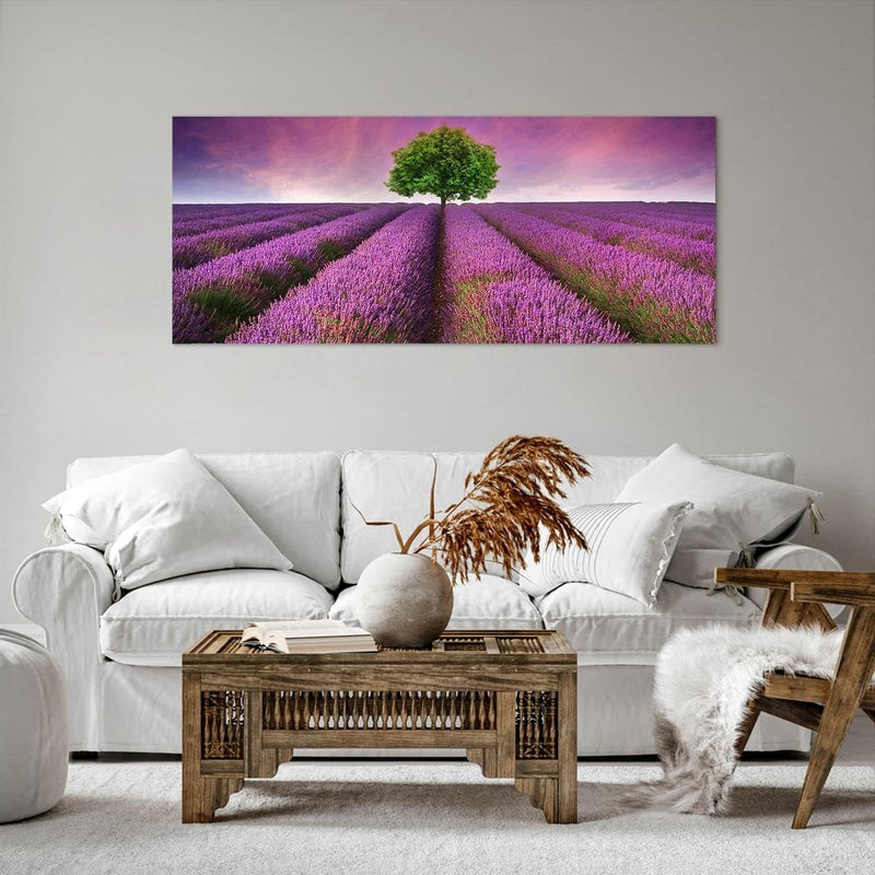 Wandbilder Dekoration Wohnzimmer Wiese lavenda Sommer Landschaft Panorama Bilder auf Leinwand 120x50